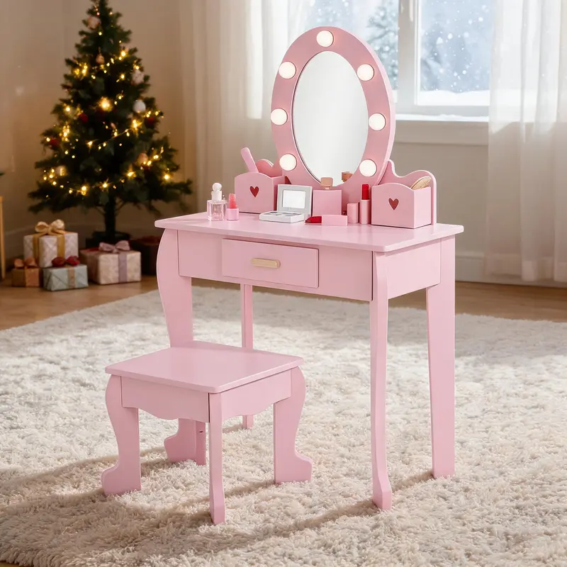 Garvee Kids Wooden Vanity Table and Chair Set  with Lighted Mirror, Makeup Storage Rack, Brush Holder, and Stool - Perfect Pretend Play Dressing Table