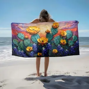 1 piece Sunset scene of blooming cacti and jacarandas themed beach towel - Flannel woven blanket in modern style, suitable for sofas and beds, all-season use, super soft and comfortable, digitally printed pattern, machine washable and durable