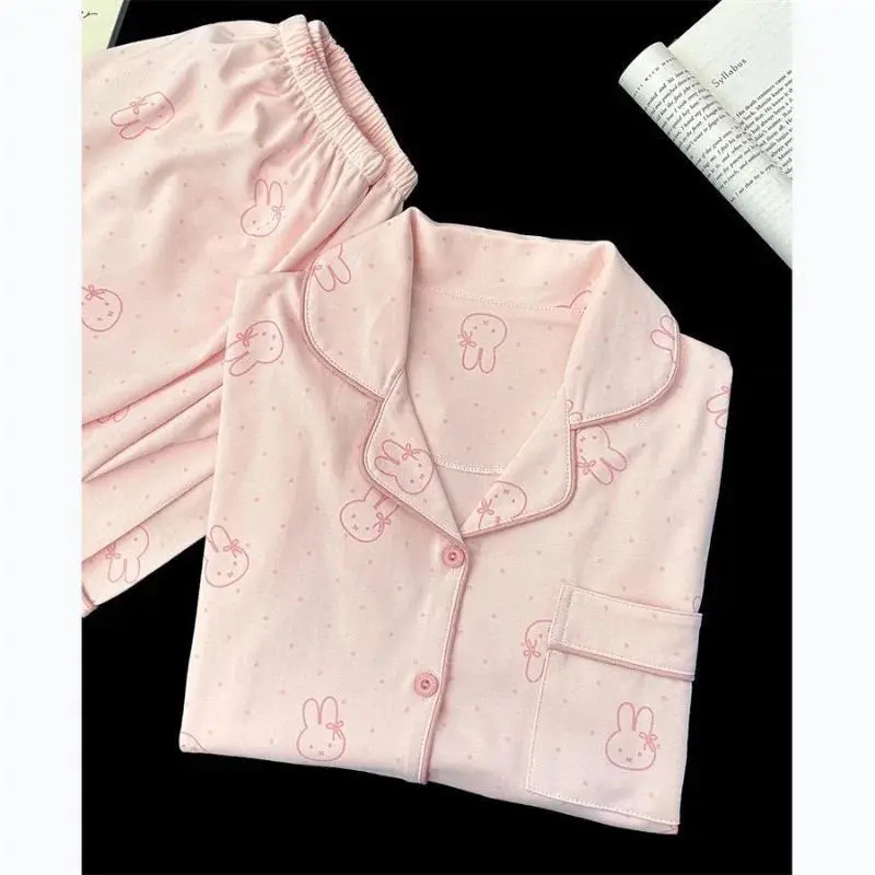 Women's Adorable Rabbit Print Cotton Pyjama Sets - Soft Long-Sleeve Loungewear Nightwear with Cute Rabbit Design for Spring & Autumn Cozy Home Use