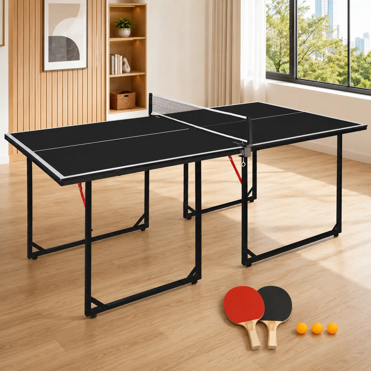 Fahuac 6ft Foldable Table Tennis Table with 12mm MDF Top, Heavy-Duty Alloy Steel Frame, Mid-Size Space-Saving Design with Net Set for Game Room, 6×3 Feet, 72In*36In*30In