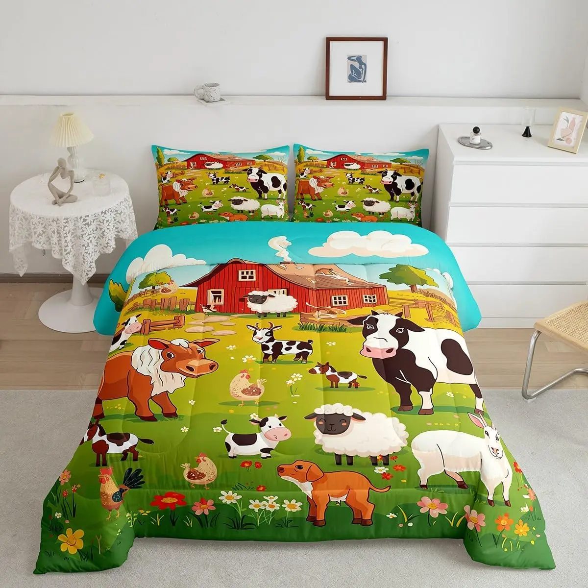 Kawaii Farm Animal Print Comfy Bedding Set - Breathable Microfiber Quilt Comforter with Cover, Cow Print Blanket, Multi-Size Sets for Farm Nurseries, Country Theme Linens