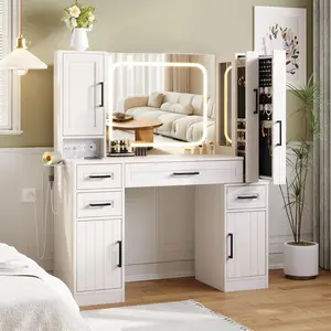 Large Bedroom Makeup Vanity Desk with Lighted Mirror and Power Strip, Dressing Table with 4 Drawers, 3 Cabinets, Sliding Jewelry Shelves and Hairdryer Rack, Features 3 Adjustable Lighting Modes White LED