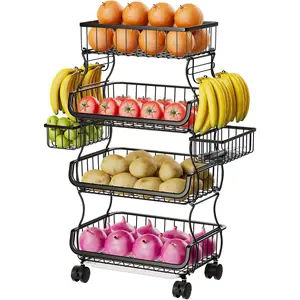 4-Tier Rolling Cart, Stackable Fruit and Vegetable Basket with Wheels and 2 Hanging Baskets, Kitchen Storage Metal Wire Basket Stand for Vegetables and Snacks, Black