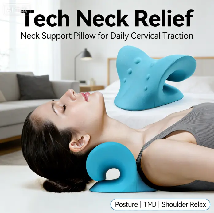 Neck Stretcher Pillow for Neck Support – Neck & Shoulder Relaxer for Tech Neck, Daily Stretch & Comfort Use at Home or Office (Blue)