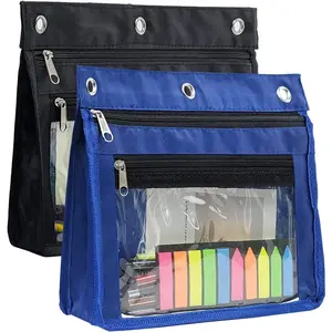 2 Pack 1 Inch Expandable Zipper Pencil Pouches with Clear Window for 3 Ring Binder, Suitable for School & Office (Black+Blue)