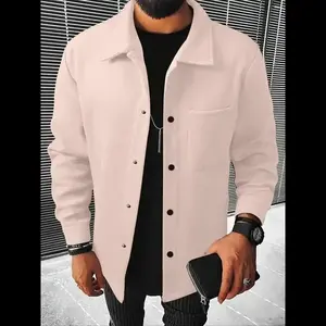 【Plus Size】 Solid Color Button Front Pocket Jacket, Regular Fit Casual Long Sleeve Stand Collar Outerwear for Spring & Fall, Men's Clothes for Daily Wear, Coats