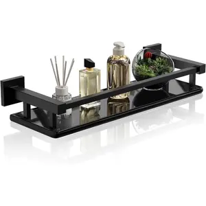 Shelf with Stainless Railing, Black Small Tempered Floating Wall Shelf Over The, 16 inch