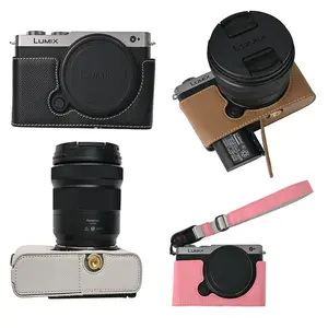 Palm Print PU Leather Camera Half Body Case For Panasonic Lumix S9 Battery Opening Bottom Cover With Strap