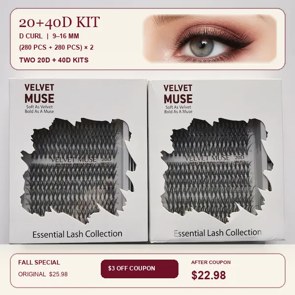VELVET MUSE 20D +40D Cluster Lashes Kit, D Curl 9-16mm mixed lengths, DIY Individual Lash Clusters with Bond, Seal, Remover & Tweezers