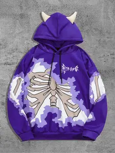 Unisex Hooded Sweatshirt, Skeleton Print & Devil Horns Design, Comfortable Fabric, Casual Long Sleeve Top for Spring & Fall