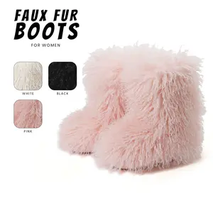 Faux Fur Boots For Women Round Toe Warm Cozy Mid Calf Boots Flat Heel Fuzzy Plush Comfy Easy Pull On for Work Party Outdoor Events Fluffy Winter Boots Chilly Day Booty