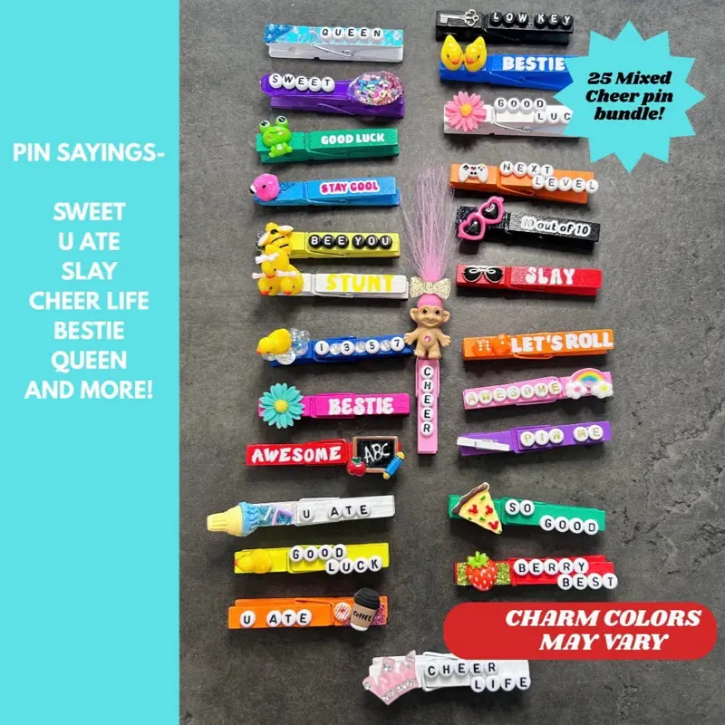 25 Cheer mixed pin backpack bundle - Handmade Wooden Clothes Pins perfect for clipping backpack at your next competition, showcase, game or practice .