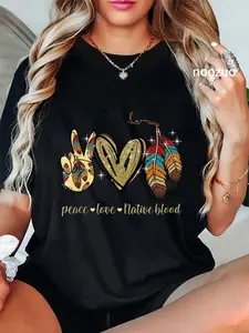 100% Cotton Unisex Peace Love Native Blood Native American T-Shirt Casual Top