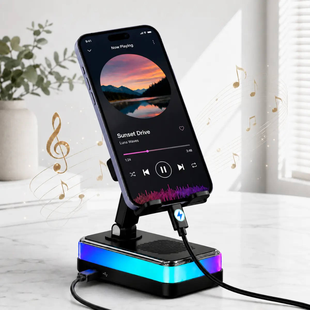 Wireless Induction Speaker Stand - 7-in-1 Adjustable Phone Tablet Holder, 3000mAh Rechargeable Emergency Power Bank, 360° Rotating Mount, 7-Color RGB Ambient Light, Tech Gift for Men Women