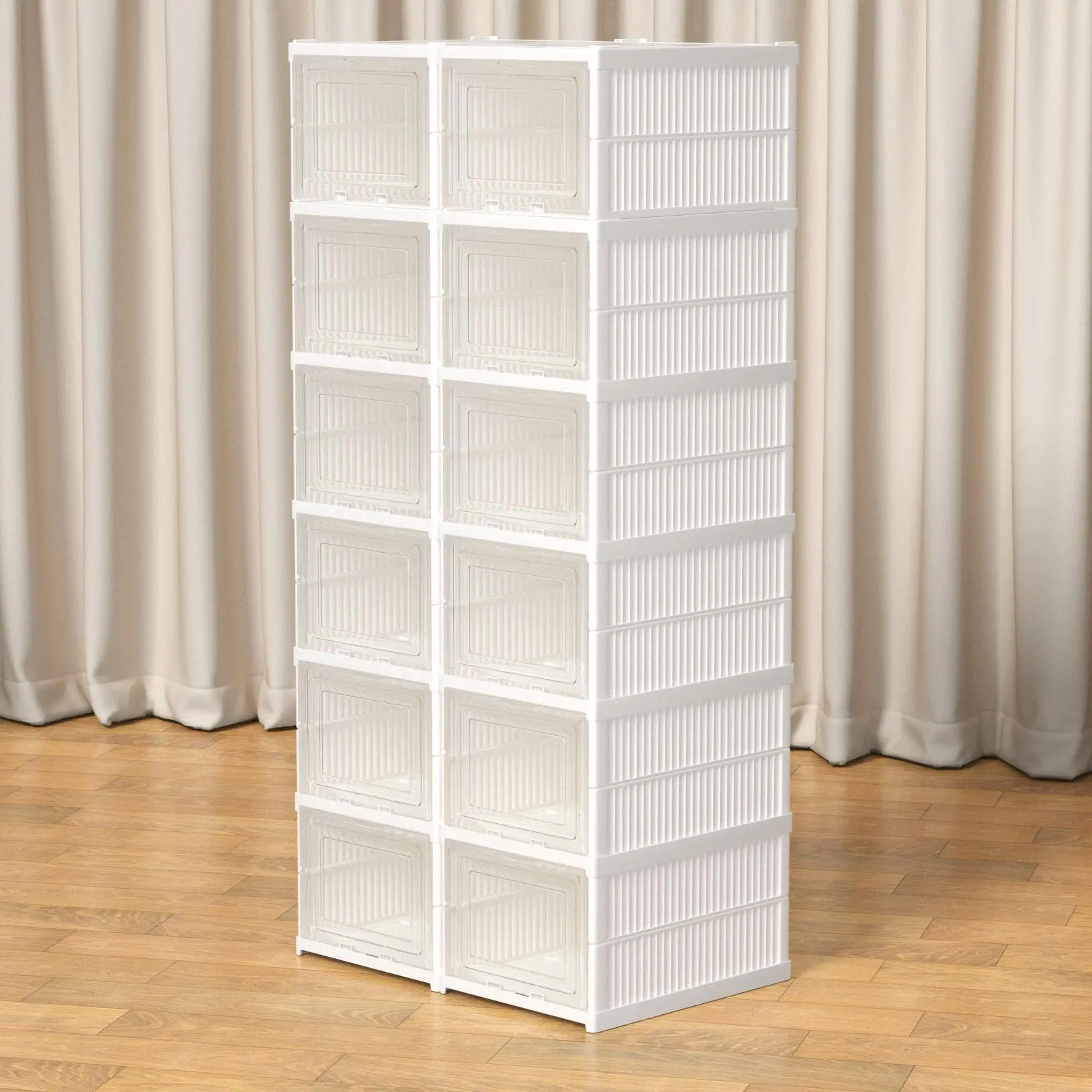 6-Tier Stackable Drop Front Shoe Storage Box with Clear Door, Plastic Shoe Organizer Cabinet for Closet and Entryway