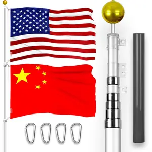 G128 Combo Pack: 25 Ft Telescoping Aluminum Flagpole (Silver) & American and China Flags 3x5 Ft, Both ToughWeave Series Embroidered Polyester | Pole with Flags Included