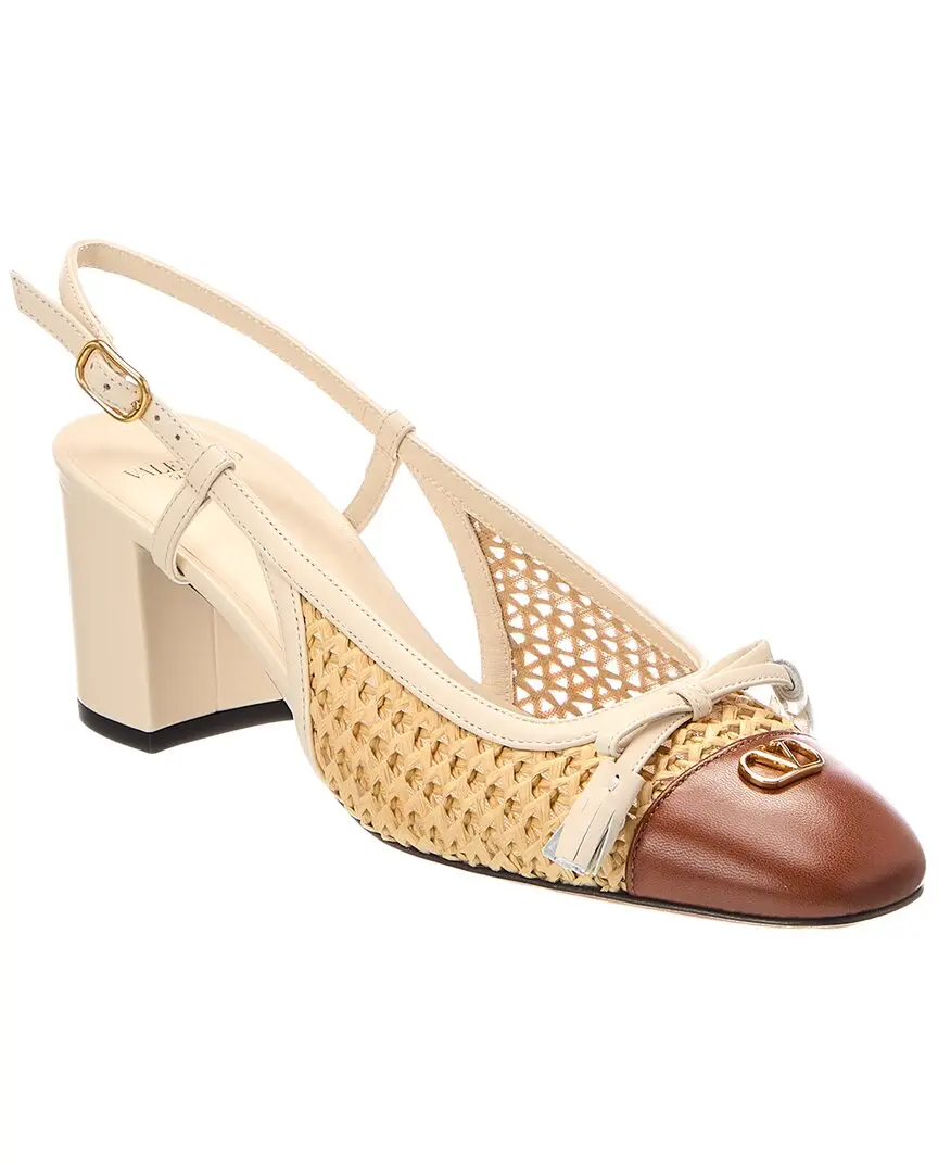 Valentino VLogo Signature Leather & Raffia Slingback Pump