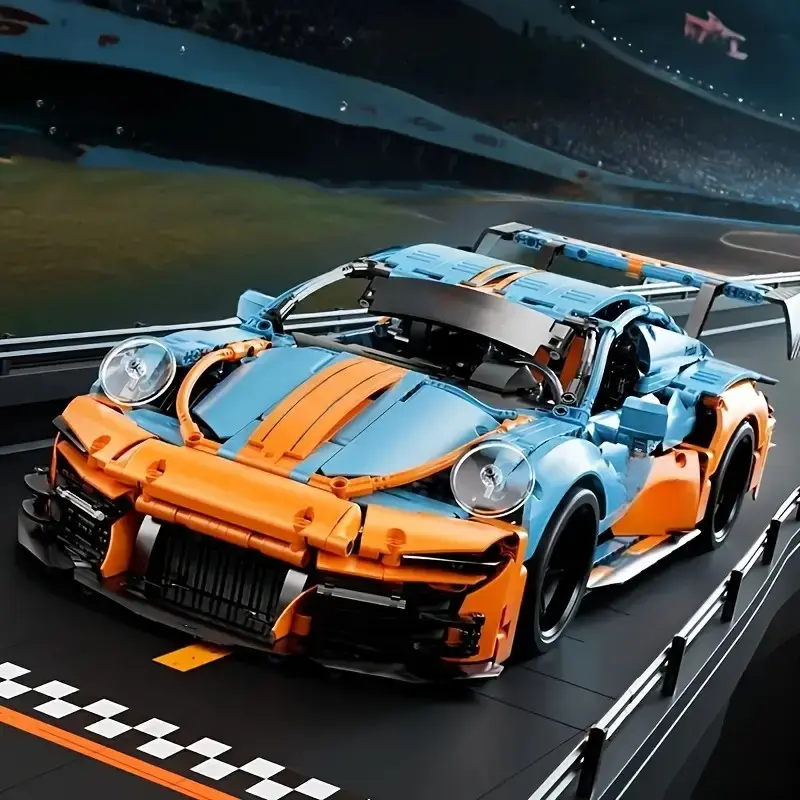 Cool Fashion Super Car Racing Building Blocks Set, Collectible Building Set, Large 1:8 Vehicle Model, Home Decor, Wheels, Blue Body, Christmas Gift, Bricks