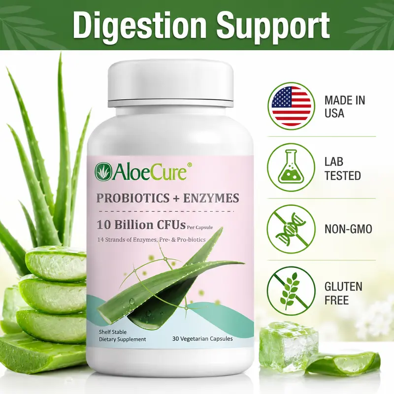 AloeCure Natural Prebiotic-Probiotic & Enzymes Capsule Supplement by American Global Health Group, Organic Aloe Vera, Gluten-Free, Dairy-Free, 12h Freshness, Bromelain Boost, Gut Support, 24-Month Shelf Life, 30 Capsules, for Adults