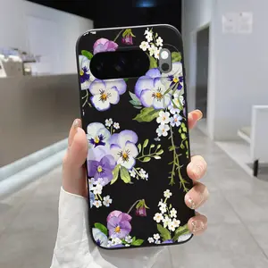 Rounded Edge Phone Case for Google Pixel 10 9 8 7 Pro A XL Floral ReverieViolet SymphonyPetal Poetry Pattern Shockproof Liquid Silicone TPU Bumper Drop Protection Cover Smartphone Casing