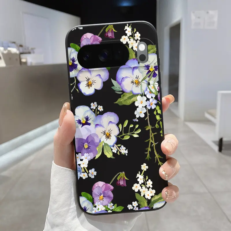Rounded Edge Phone Case for Google Pixel 10 9 8 7 Pro A XL Floral ReverieViolet SymphonyPetal Poetry Pattern Shockproof Liquid Silicone TPU Bumper Drop Protection Cover Smartphone Casing