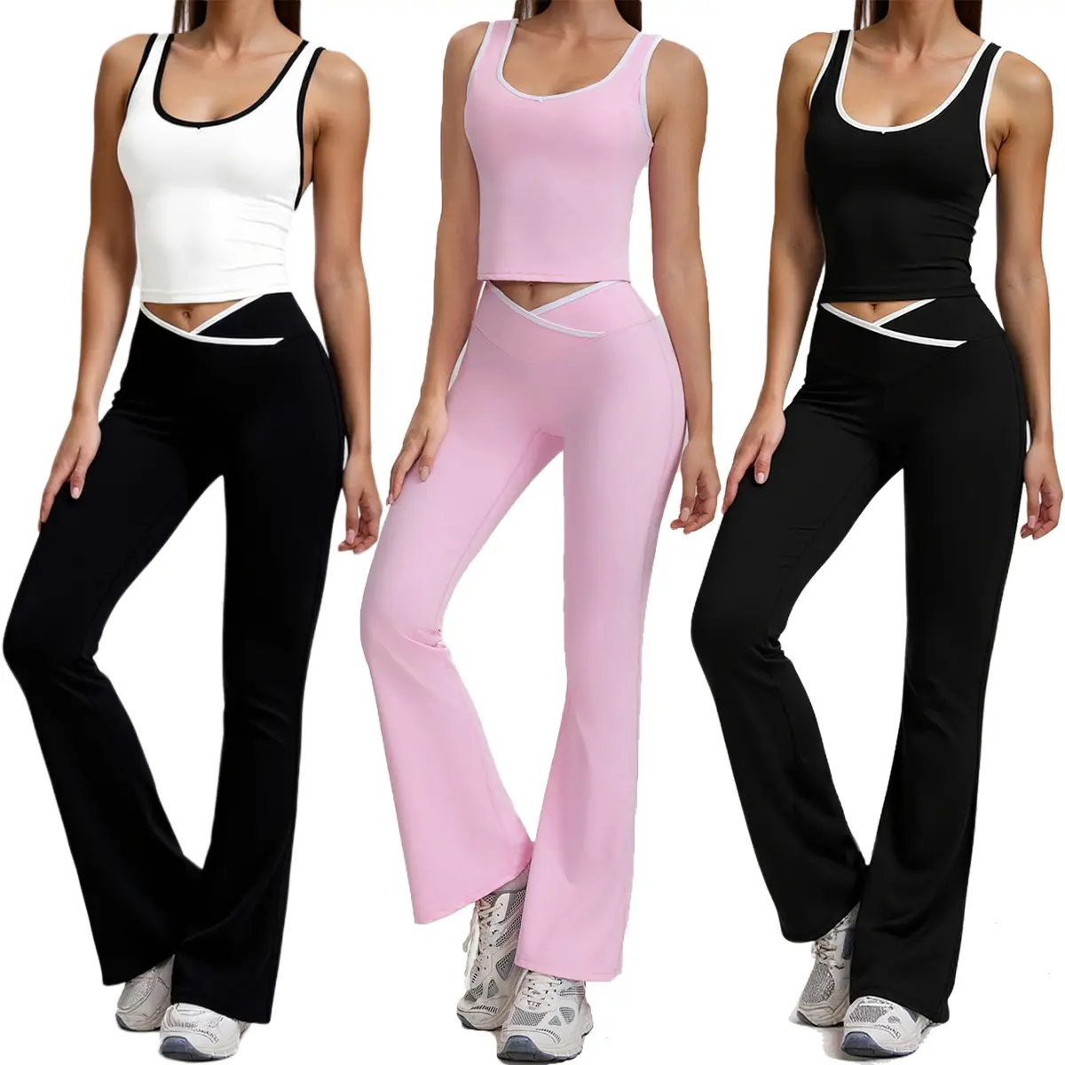 Women's 2-Piece Yoga Activewear Clothing Set - Sleeveless Tank Top, Flare Crossover V-Cut Leggings, Plain Elegant Training Set, Matching Sportswear for Gym, Fitness with 3 Color Options