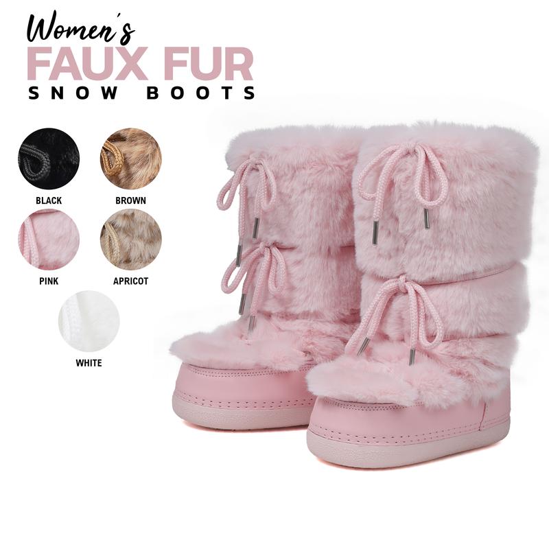 Faux Fur Snow Mid Calf Boots for Women Round Toe Wedge Heel Lace Up Fur Lined Fuzzy Fluffy Furry Warm Fashon Party Dress Valentine Shoes Trendy Boots gift for her