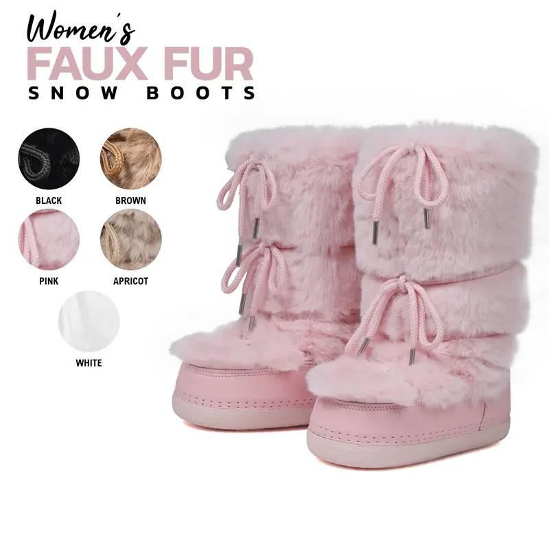 Faux Fur Snow Mid Calf Boots for Women Round Toe Wedge Heel Lace Up Fur Lined Fuzzy Fluffy Furry Warm Fashon Party Dress Valentine Shoes Trendy Boots gift for her