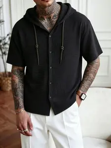 Men's Casual Woven Henry Shirt, Sporty Hooded Gym Top, Summer Breathable Short Sleeve, Athletic Wear, Fashionable Men's Clothing