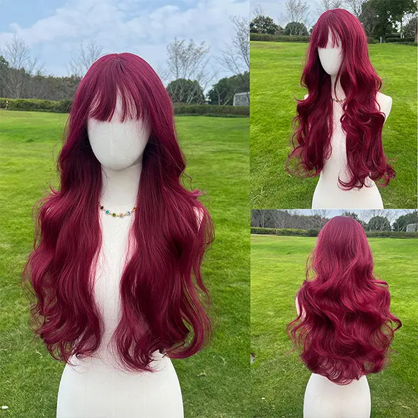 Smilco Women's 28 in Claret Red Body Wave Bang Synthetic Full Machine Wigs - Heat-Resistant Synthetic Wigs for Women with Adjustable Strap