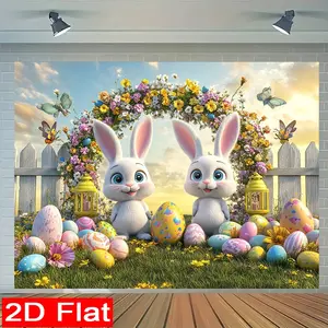 （JIT)1PC, Easter White Rabbit Butterfly Easter Egg and Flower Arch 2D flat photography background cloth and party banners, suitable for New Year celebrations, holiday parties, home photography, garden decoration backgrounds