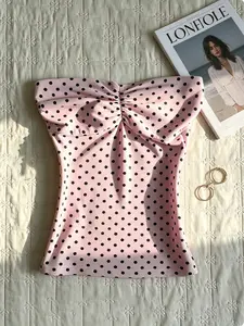 French Style Elegant Polka Dot Bustier Top, Summer Design Butterfly Knot Ruched Short Sleeve Off-Shoulder T-Shirt, Sweet Slimming Cami Vest
