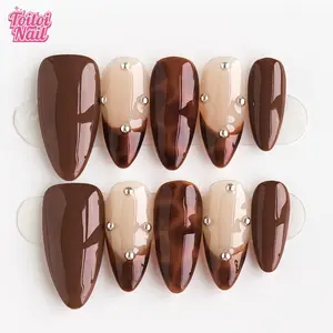 Amber Stud Handmade Press-On Nails | Medium Almond Shape, 10pcs | Vintage Amber Stud Design | Dark Brown Solid & Amber Marble & Silver Bead Accents | Reusable DIY Nail Kit for Women | Trendy Nails for Spring, Summer, Travel & Daily Wear | Elegant Retro Lo