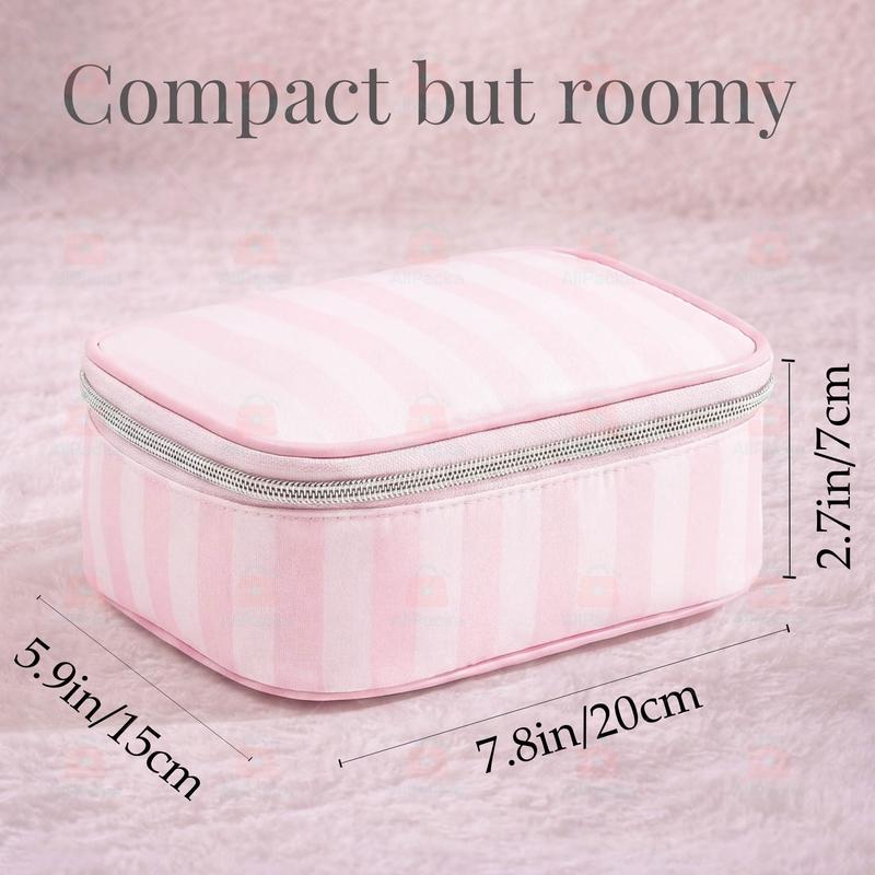 Pink Striped Structured Travel Makeup Organizer  Lightweight Protective Cosmetic Bag with Zipper, Easy to Pack for Daily and Travel Use travel cosmetic bag