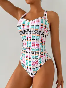 Summer Trend Colorful Plaid One-Piece Swimsuit, Front Pleated Design Side Patchwork Waist Fold, Adjustable Wide Shoulder Straps Crossed