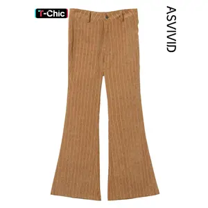 Women's Casual Slim Fit Solid Color Checkered Corduroy High Waisted Flare Pants