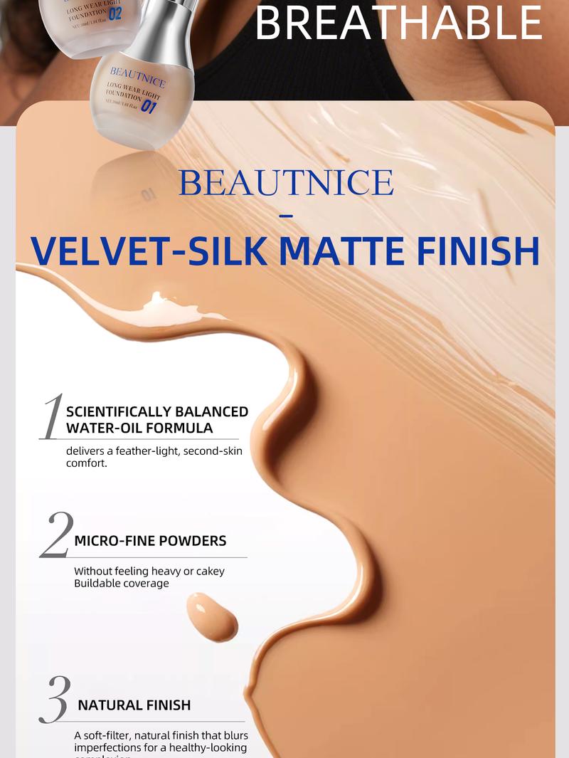 BEAUTNICE Long Wear Light Foundation, Available in Shades 01 and 02, 30ml, Long-Lasting Formula for a Flawless All-Day Look BEAUTNICE Long Wear Light Foundation, Available in Shades 01 and 02, 30ml, Long-Lasting Formula for a Flawless All-Day Look