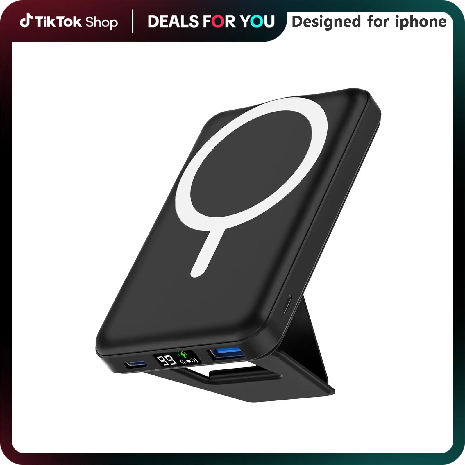 Podoru Wireless Charger with Foldable Stand, 10000mAh for MagSafe Magnetic Portable Battery Pack &USB-C Cable, Compact for iPhone 16/15/14/13/12Series