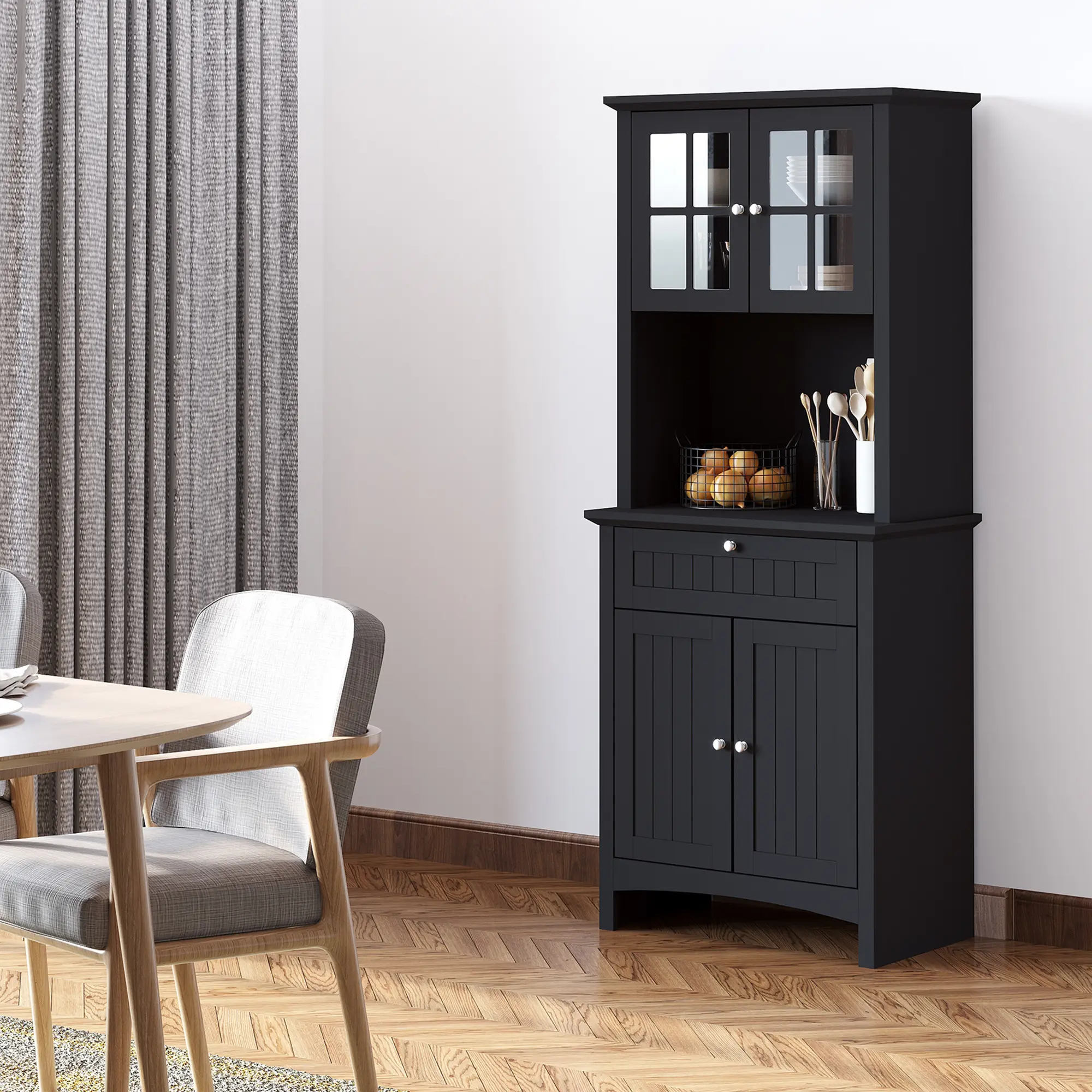 27 Inch Wide Black Kitchen Hutch Beadboard Door Panels Adjustable Shelves for Pitchers Blenders 77 lbs Total Capacity for Small Apartment Mudroom Home Bakery