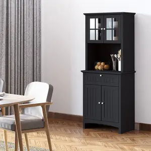 27 Inch Wide Black Kitchen Hutch Beadboard Door Panels Adjustable Shelves for Pitchers Blenders 77 lbs Total Capacity for Small Apartment Mudroom Home Bakery