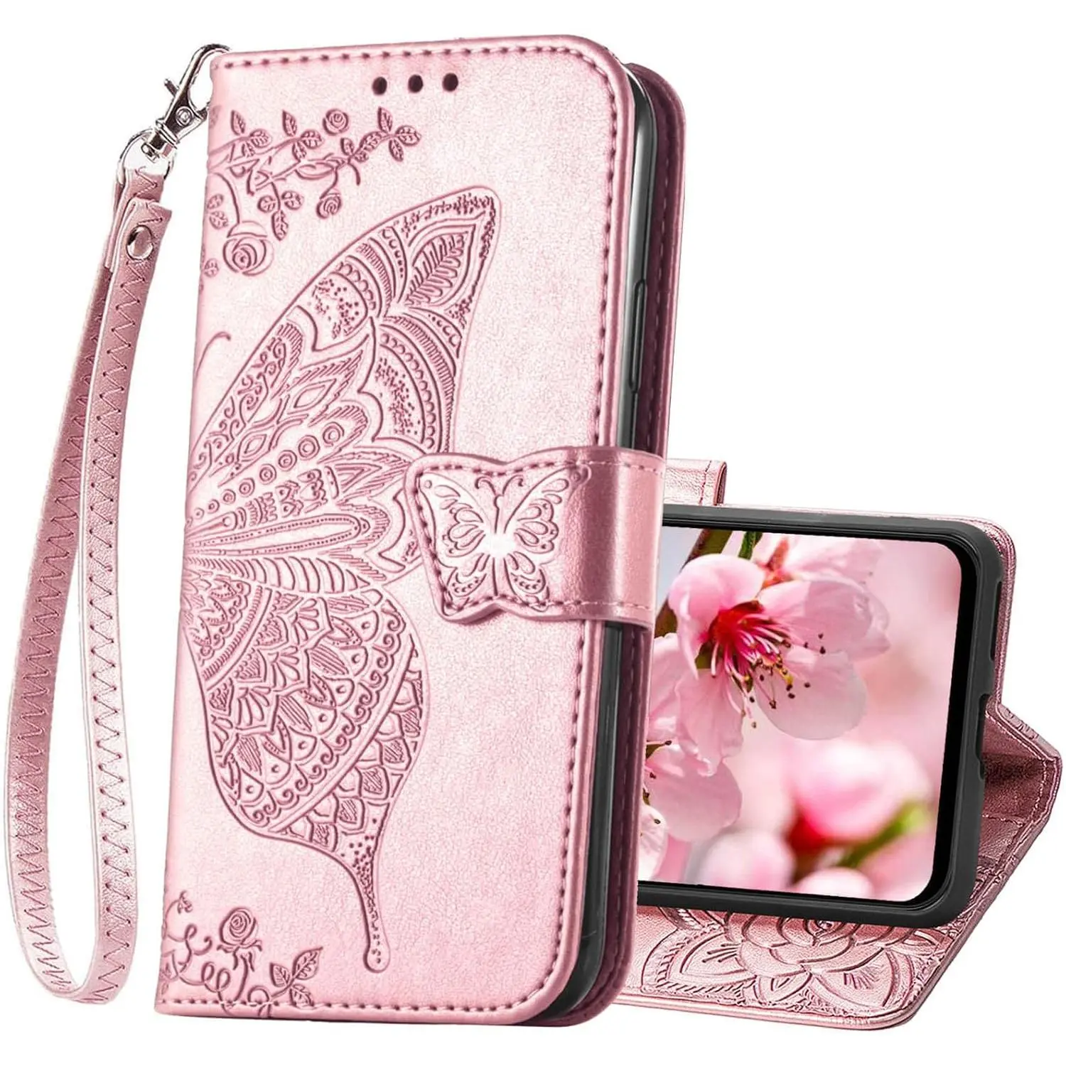 for Galaxy A14 5G Phone Case Wallet,Women Flip Folio Butterfly Embossed PU Leather with Credit Card Holders Kickstand Wrist Strap Purse Cover for  A14 5G 6.6 Inch (Rose )
