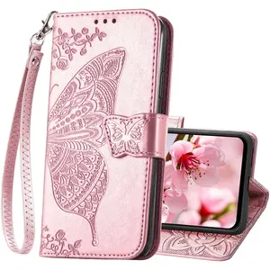 for Galaxy A14 5G Phone Case Wallet,Women Flip Folio Butterfly Embossed PU Leather with Credit Card Holders Kickstand Wrist Strap Purse Cover for  A14 5G 6.6 Inch (Rose )