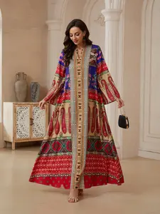 Middle Eastern Eid Limited Edition Multi-Color Patchwork Vintage Paisley Print Robe, Women's Loose Abaya Dress, Elegant Traditional Attire, Abayas For Eid