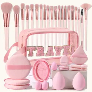 36PCS All-in-One Makeup Tools Set, Waterproof Multifunctional Zipper Cosmetic Bag, 20PCS Makeup Brushes, Regular & Mini Makeup Sponges, Triangle, Mini Air Cushion and Circular Powder Puffs, with Makeup Brush Cleaning Tool, Portable Beauty Kit, Flawless, C