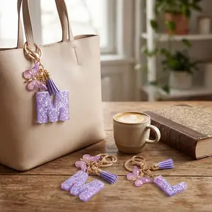 Light Purple Resin A-Z Initial Keychain with Cute Butterfly Tassel Letter Keychain for Women's Bag Wallet Outdoor Casual Backpack Decoration Birthday Holiday Party Gift
