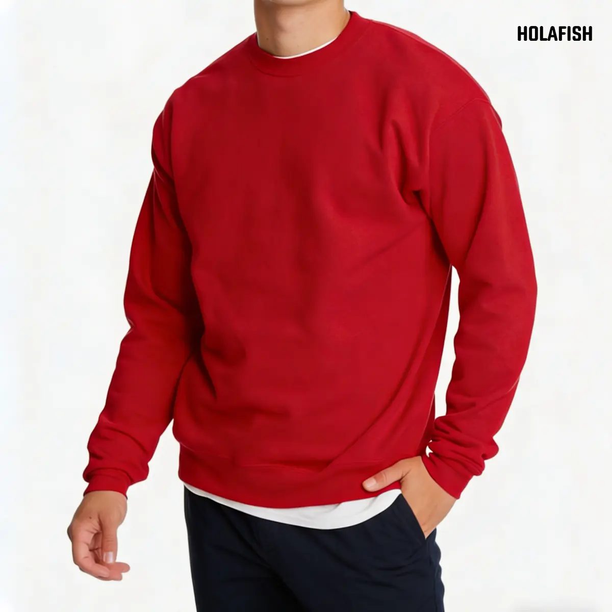 Holafish Men's Korean Style Sweatshirt, Plain Cotton-Blend Fleece Pullover with a Stylish Loose Fit and Round Neck