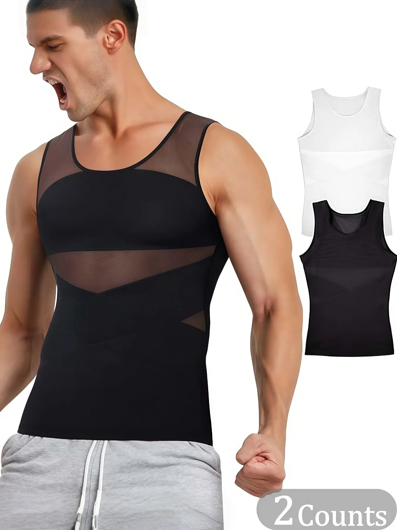 1/2 Counts Men's Compression Shirt for Body Shaper, Workout Shapewear, Slim Fit Vest, Tight Tummy Underwear Tank Top, Men Shaping Vest Gynecomastia, Comfortable Corset, Men's Mesh High Elasticity Corset, Suitable For Training Or Sports