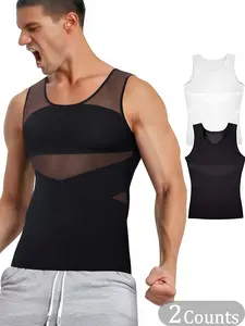 1/2 Counts Men's Compression Shirt for Body Shaper, Workout Shapewear, Slim Fit Vest, Tight Tummy Underwear Tank Top, Men Shaping Vest Gynecomastia, Comfortable Corset, Men's Mesh High Elasticity Corset, Suitable For Training Or Sports