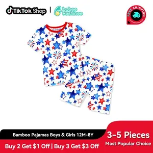 Babee Reshinee Toddler 4th of July Pajamas Boys Girls Bamboo Viscose Short Sleeve PJs Set, Patriotic Red White Blue Stars Fireworks Summer Sleepwear, Snug Fit Kids Pajamas 12M-8Y, 2 Piece