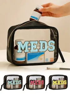 Medical Bag with Fun Medicine Design, Towel Embroidered Letters, Large Capacity Multi-Functional Storage Bag, Fashionable Cosmetic and Medicine Bag, Makeup Organizer Pouch